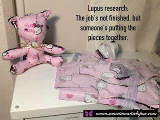 Image: an incomplete sewing project.  Text: Lupus research: the Job's not finished, but someone's putting the pieces together.