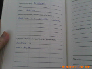 Lupus Book an appointment page Page includes details of appointments, things you need to do to prepare, new prescriptions needed, questions, changes in symptoms, etc.