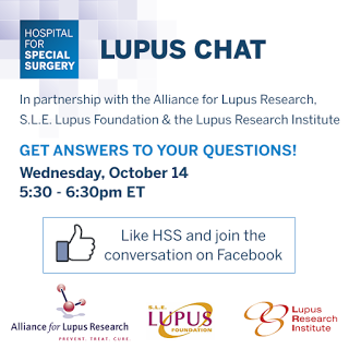 Hospital for special surgery: Lupus Chat. In partnership with the Alliance for Lupus Research, SLE Lupus Foundation & the Lupus Institute, get answers to your questions! Wednesday, October 14 5.30-6.30 ET Like HSS and join the conversation on Facebook.
