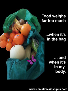 Image: bags of fruit and vegetables. Text: Food weighs too much ... when it's in the bag ... and when it's in my body.