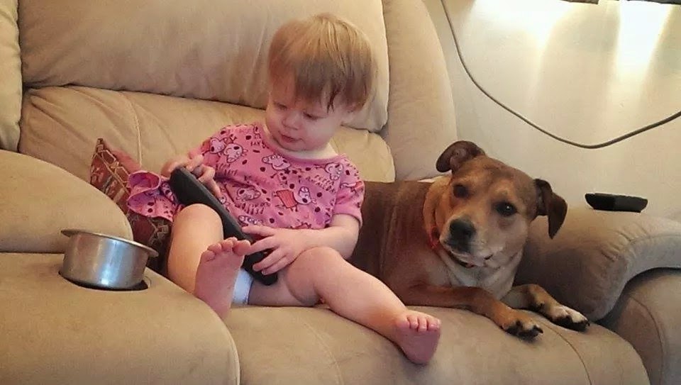 Image: my toddler granddaughter, and my Staffie bull terrier, sitting together on the couch.