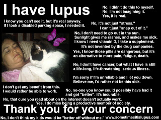 Image: picture of me in bed, with cat looking at me.  Text - list of responses to misconceptions about lupus.