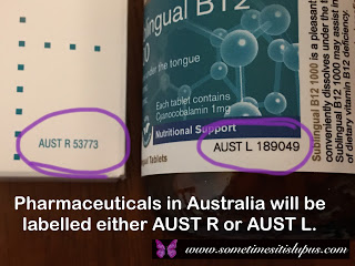 Image: section of two labels one with an AUST R number and one with and AUST L number.  Text: Pharmaceuticals in Australia will be labelled either AUST R or AUST L.