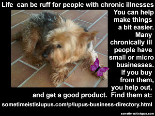 Image: silky terrier. Text: Life can be ruff for people who have a chronic illness. Many people with chronic illnesses have small or micro businesses. If you buy from them, you help them out, and get a good product.
